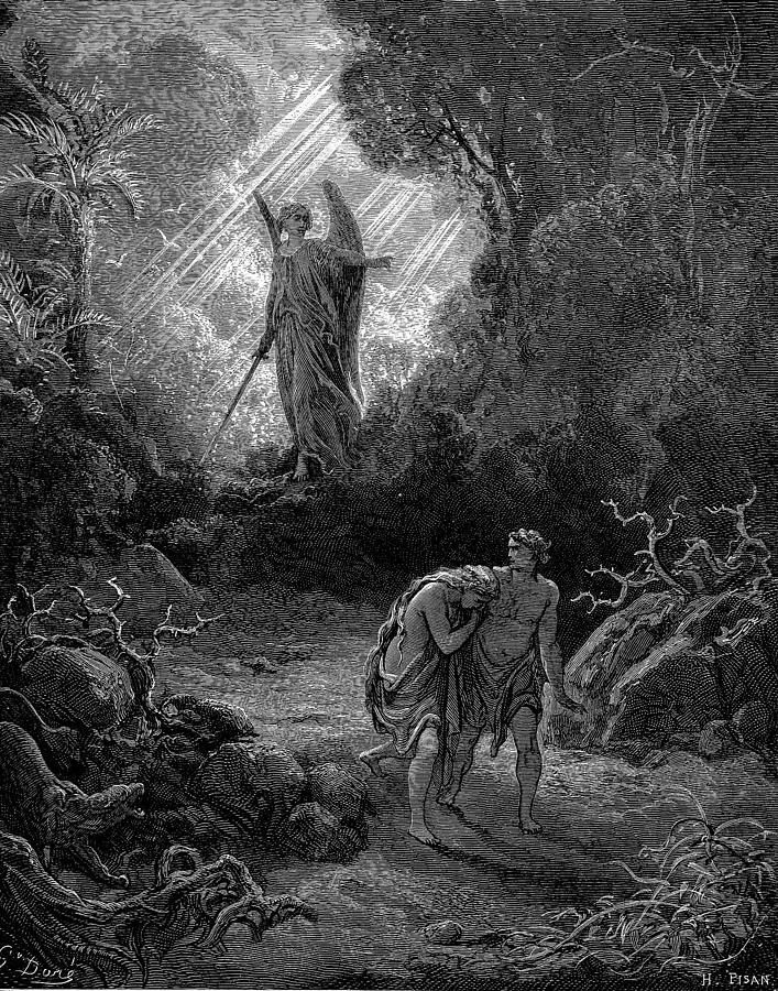 Adam and Eve are banished from the garden of Eden after committing the first sin (art by Gustav Dore)